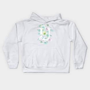 Botanical alphabet U green and purple flowers Kids Hoodie